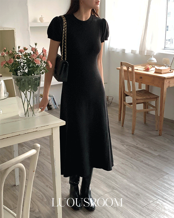 피노사 라운드넥 소매 반팔 퍼프 셔링 니트 원피스 (숏/롱2ver)