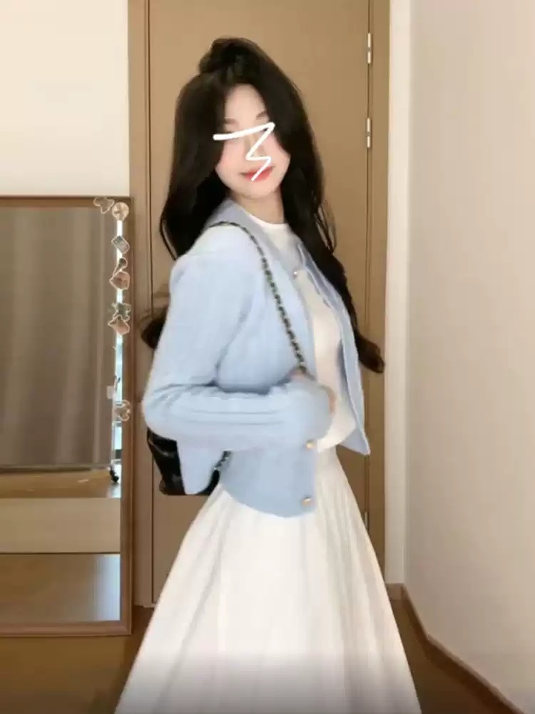 블루가디건 화이트롱스커트 코디세트 데이트 봄 학생 여친룩 캐주얼 간절기 청순 패션 코디 - 상세 이미지 4