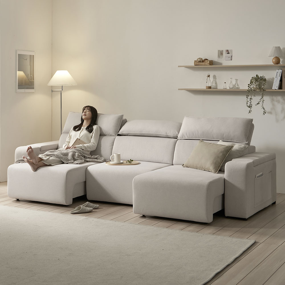 보니애가구 시에나 데이비스 리클라이너 쇼파 슬라이드 무빙 쇼파 모션 소파 스툴미포함, 아이보리, 4인용