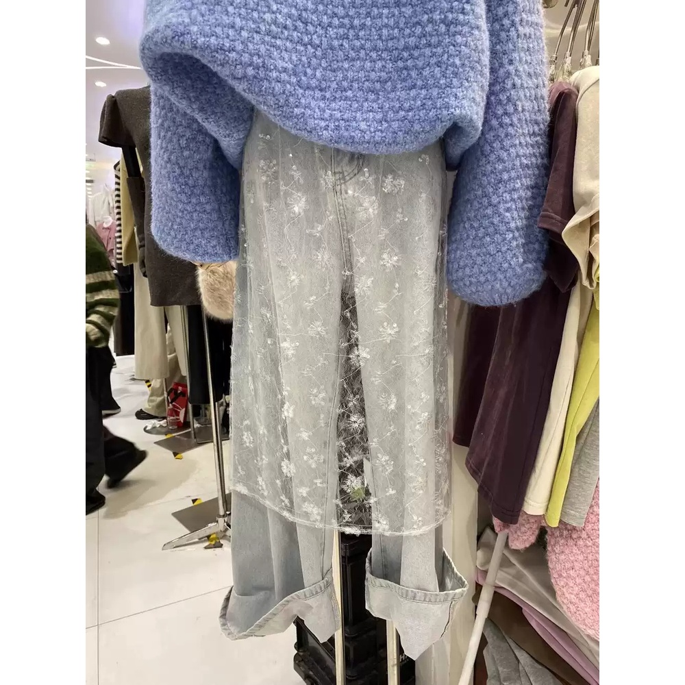 레이스 스팽글 랩스커트 레이어드 시스루 롱기장 봄 여름 포인트 연예인 패션 화이트 블랙 - 상세 이미지 2