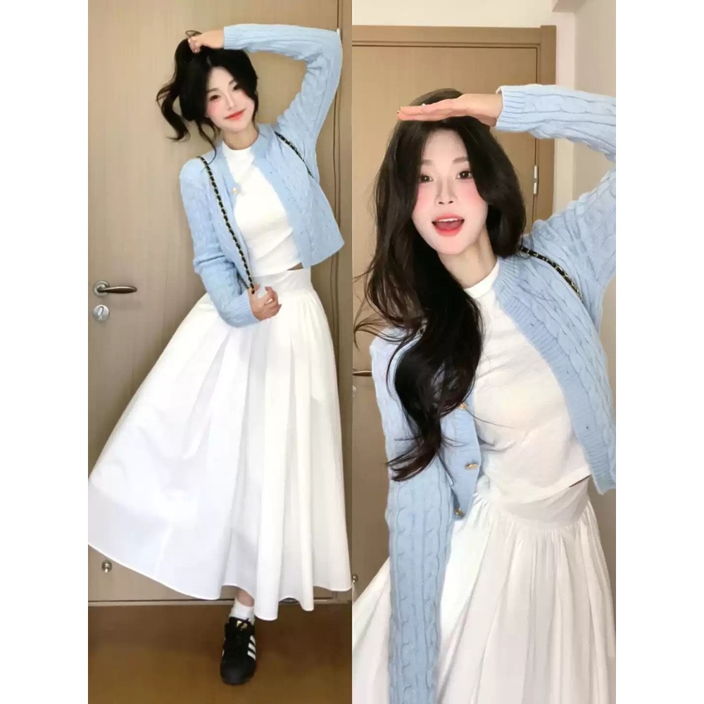 블루가디건 화이트롱스커트 코디세트 데이트 봄 학생 여친룩 캐주얼 간절기 청순 패션 코디 - 상품 이미지