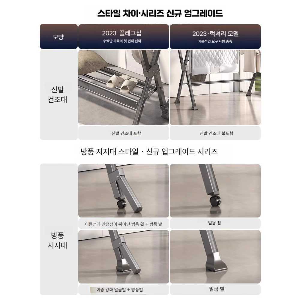 알루미늄 합금 옷 대형 접이식 건조대 발코니 실내 빨래대 블랙 1.3-2.3m 회전바퀴형 - 상세 이미지 4