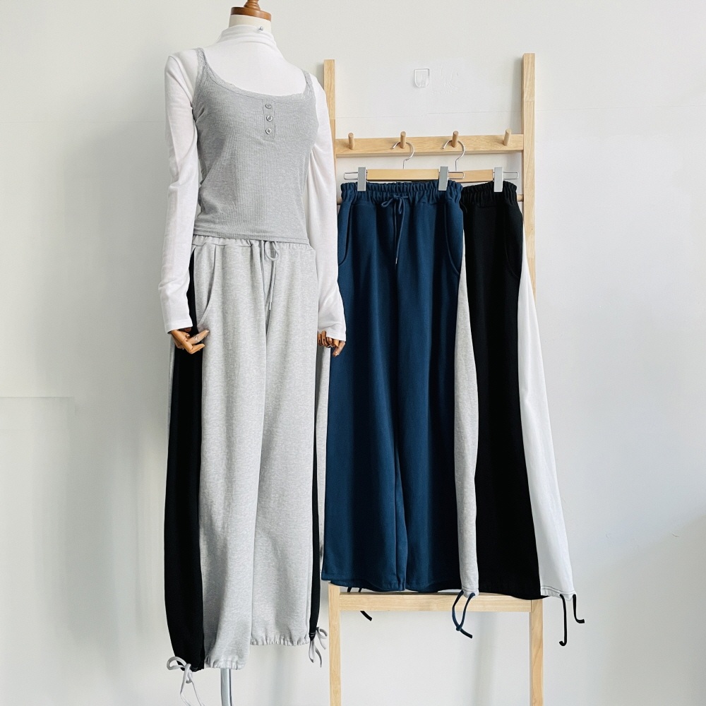 여성 와이드팬츠 조거팬츠 밴딩 핀턱 배색 리본끈 트레이닝 바지 - 상세 이미지 5