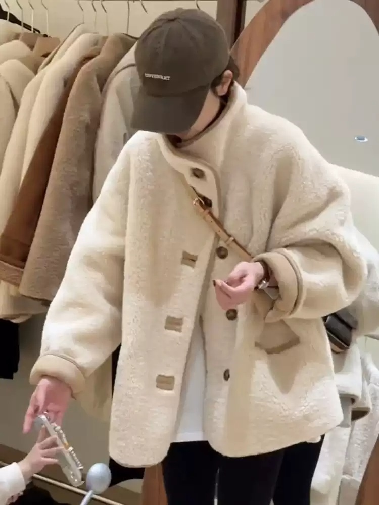 스탠드카라 크림색 무스탕자켓 인조양모 따뜻 가을 겨울 심플 캐주얼 클래식 2컬러 - 상세 이미지 3
