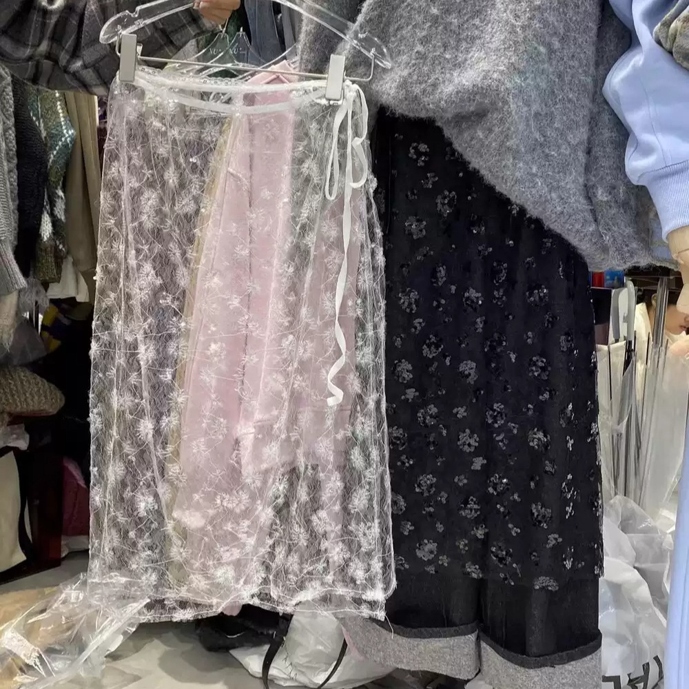 레이스 스팽글 랩스커트 레이어드 시스루 롱기장 봄 여름 포인트 연예인 패션 화이트 블랙 - 상품 이미지