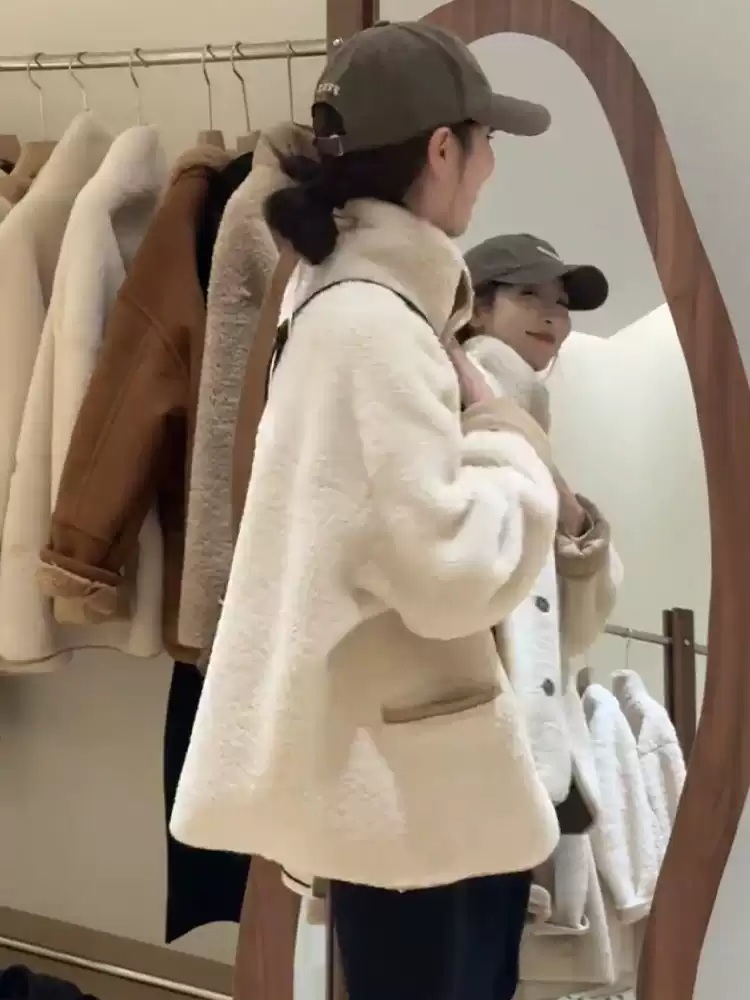 스탠드카라 크림색 무스탕자켓 인조양모 따뜻 가을 겨울 심플 캐주얼 클래식 2컬러 - 상세 이미지 5