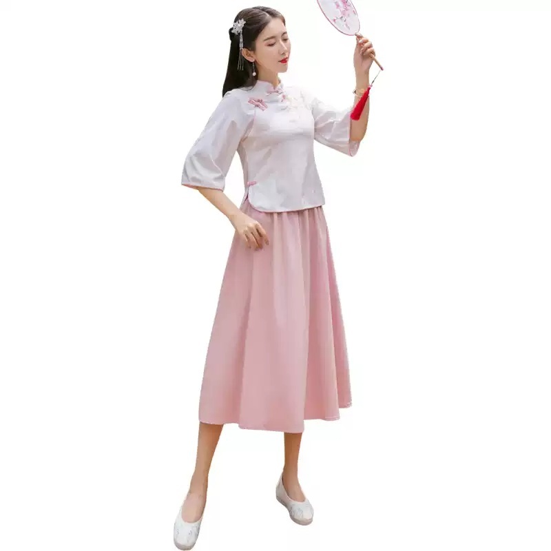 개량한복 상하의세트 핑크색 7부소매 롱치마 공연 무대의상 봄 여름 생활 중년여성 절 4종 - 상세 이미지 5