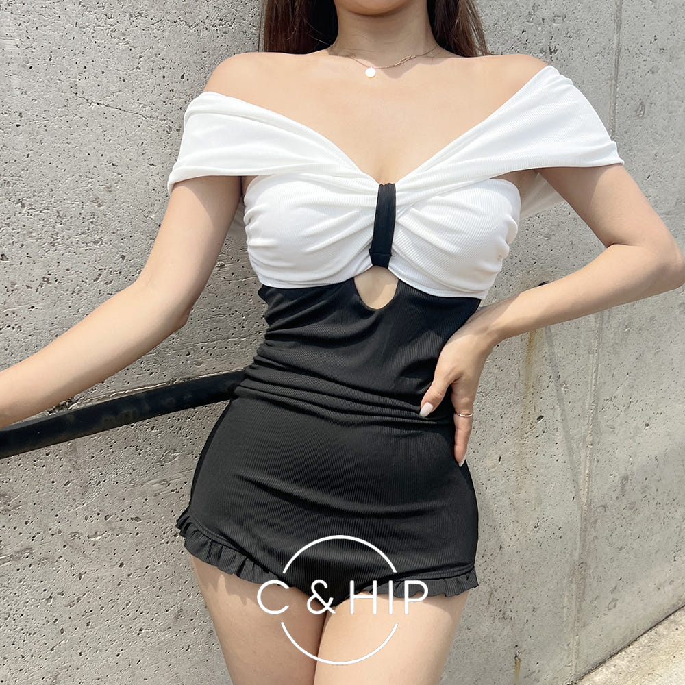 백조 프릴 배색 오프숄더 모노키니 비치룩 원피스 수영복 - 메인 이미지