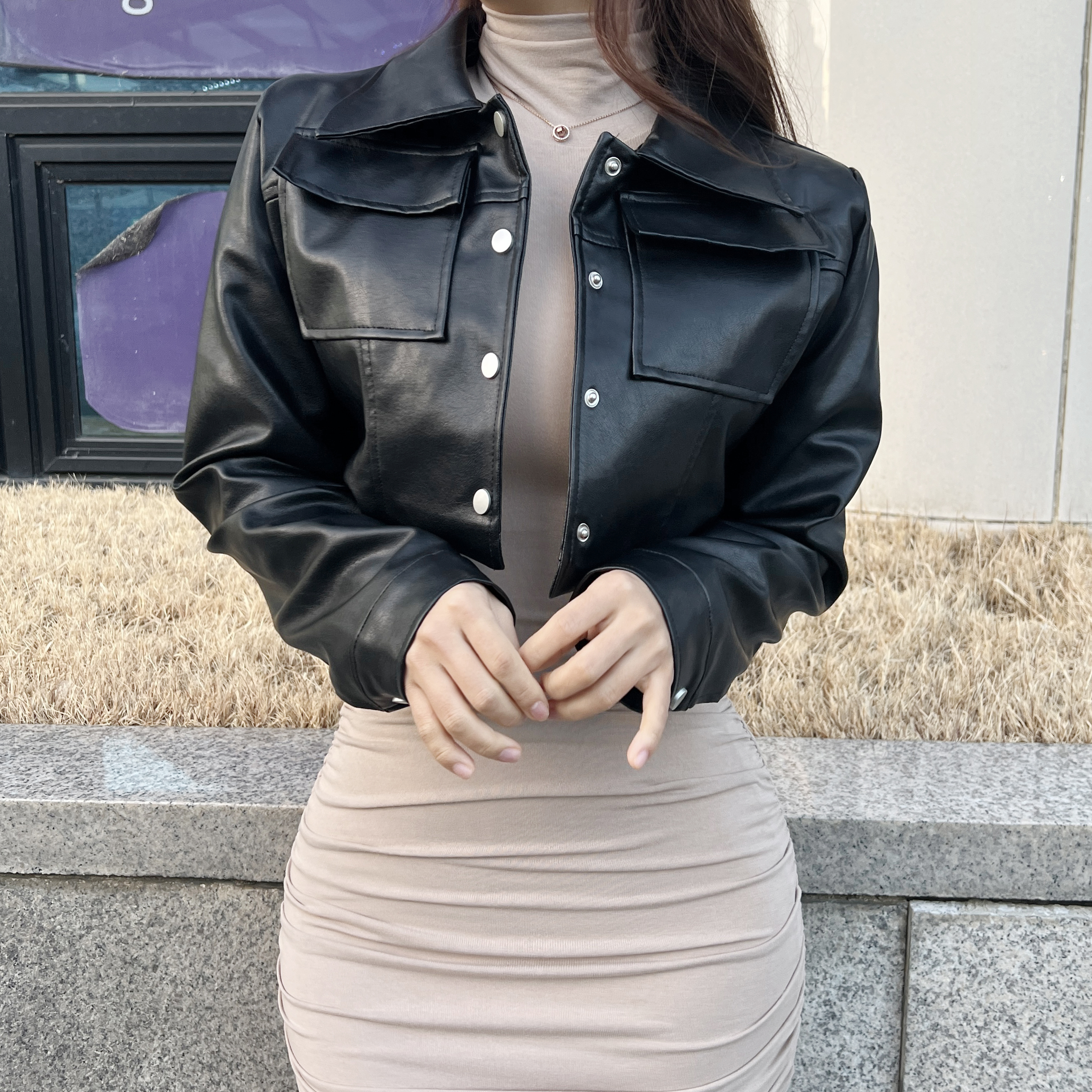 라이 크롭 셔츠 카라 라이더 레더 가죽 숏자켓 - 상세 이미지 5