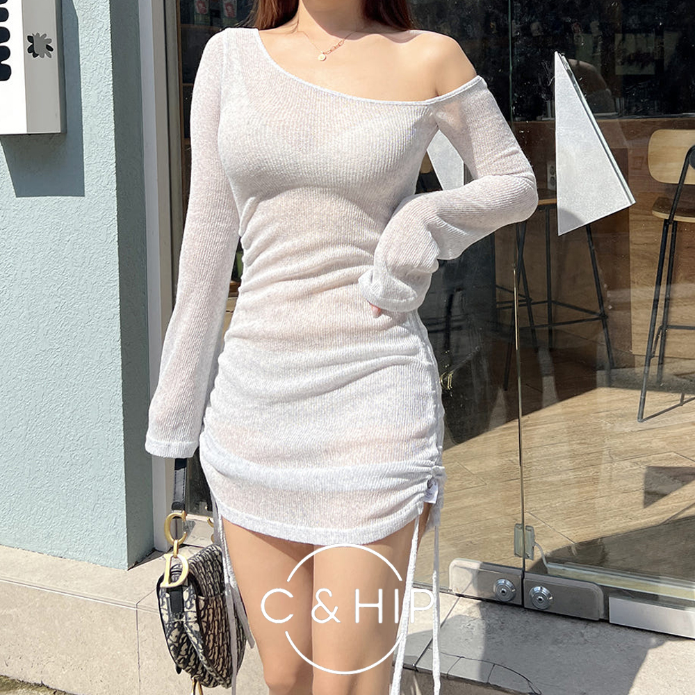 니네 커버업 시스루 니트 오프숄더 스트링 셔링 여름룩 미니원피스 3color - 상품 이미지