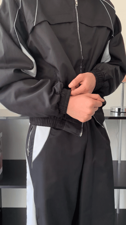 (세트가) 나일론 파이핑 바람막이 사이드배색 와이드팬츠 세트 상세 이미지 5