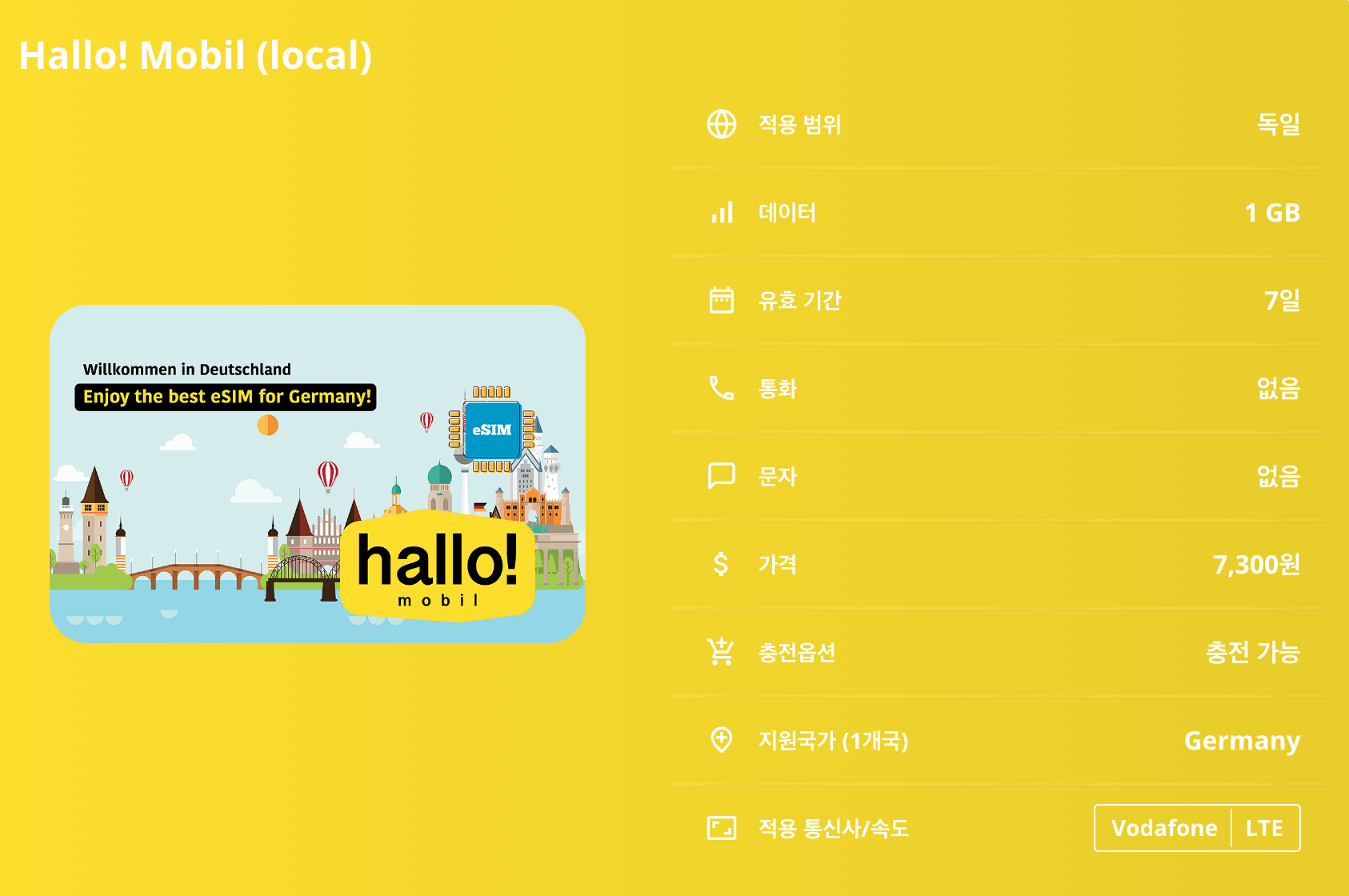 독일 로컬망 이심 eSIM Vodafone LTE 베를린 함부르크 뮌헨 드레스덴 쾰른 프랑크푸르트 뒤셀도르프 뉘른베르크 하이델베르크 밤베르크 이심통 - 상세 이미지 5