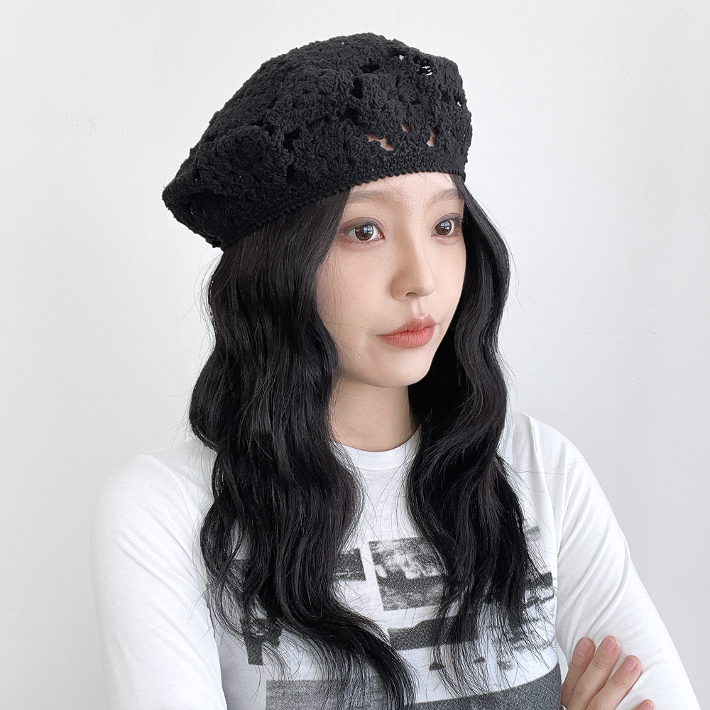 힌 플라워 봄 여름 크로셰 면 니트 여성 베레모 - 상세 이미지 3