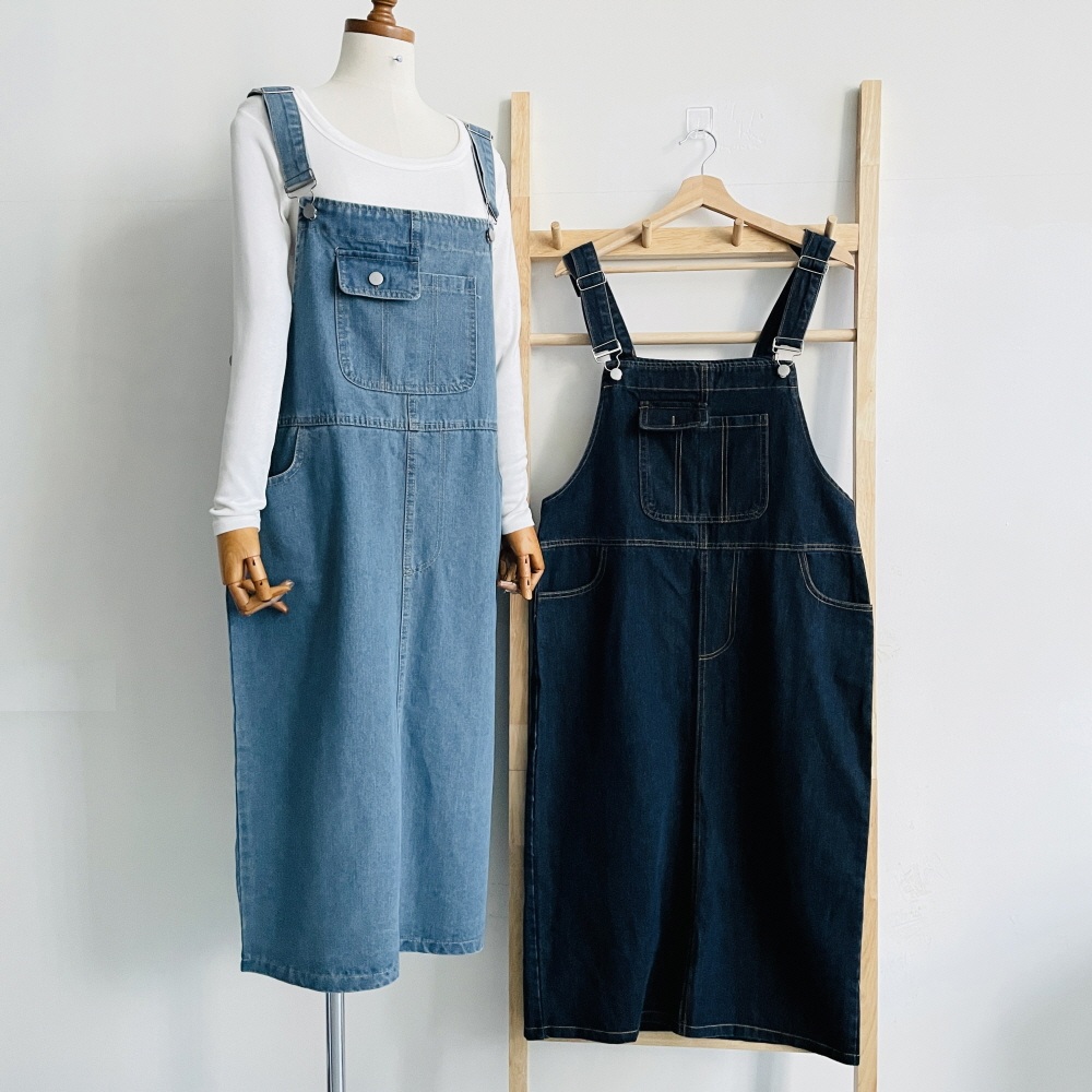 데님 청 멜빵원피스 레이어드 키작녀 H라인 롱 원피스 - 상세 이미지 3