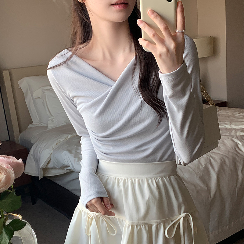 블릿 브이넥 랩 핀턱 셔링 긴팔 티셔츠 ts4346 - 상세 이미지 5