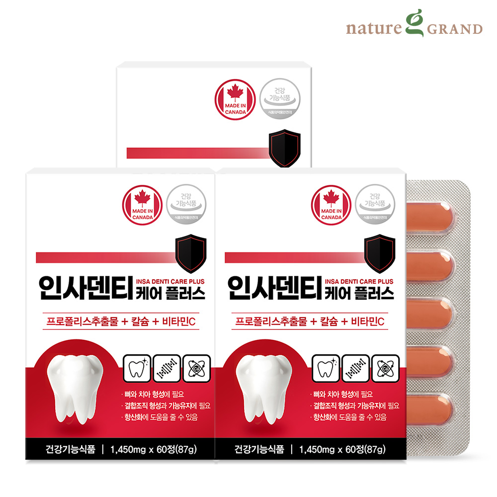 네이처그랜드 인사덴티 케어 플러스 3박스 6개월분 프로폴리스 칼슘 비타민C 치아뼈건강 - 상품 이미지
