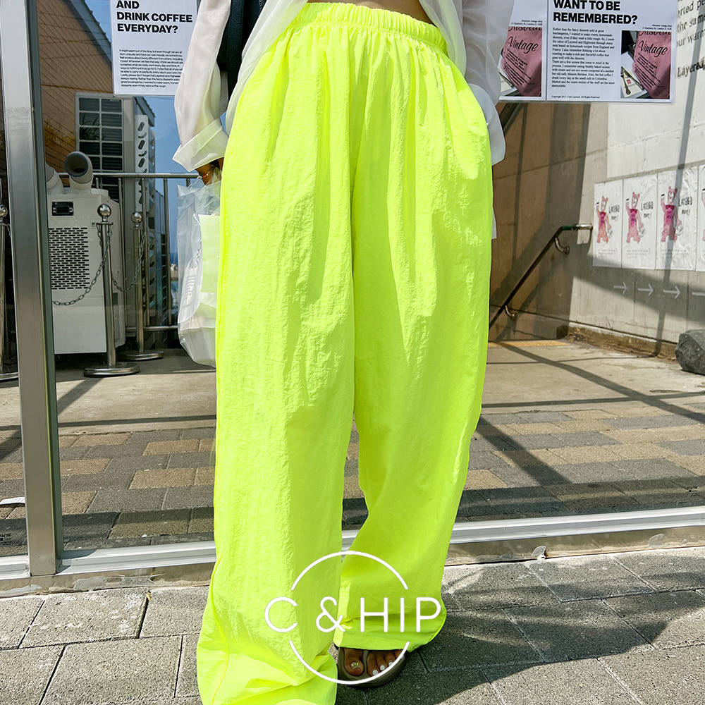 형광 바스락 나일론 스트링 트랙 트레이닝 밴딩 와이드팬츠 4color - 상품 이미지