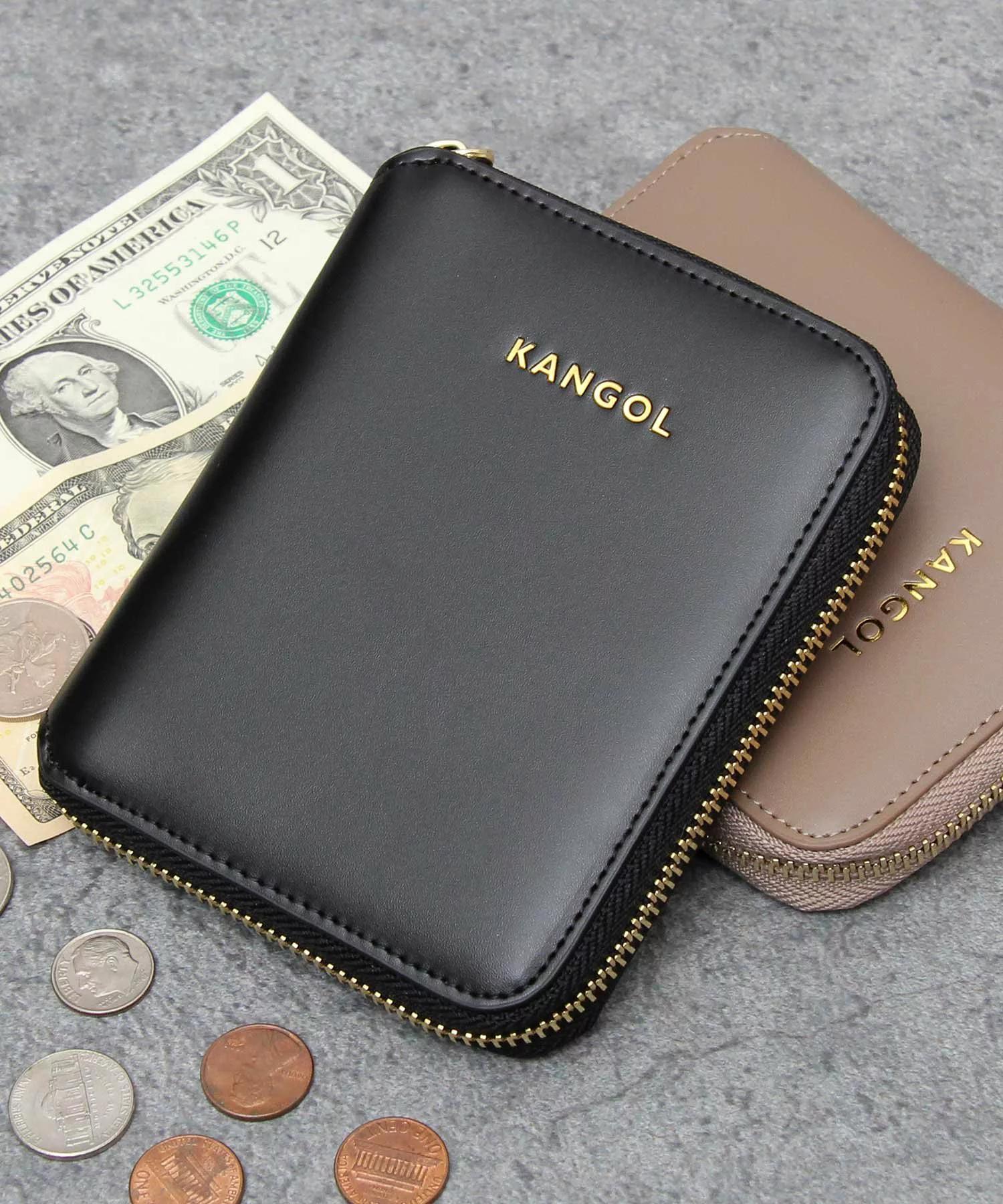 캉골 KANGOL 페이크 레더 라운드 지퍼 반지갑 블랙 베이지 2컬러 - 상품 이미지