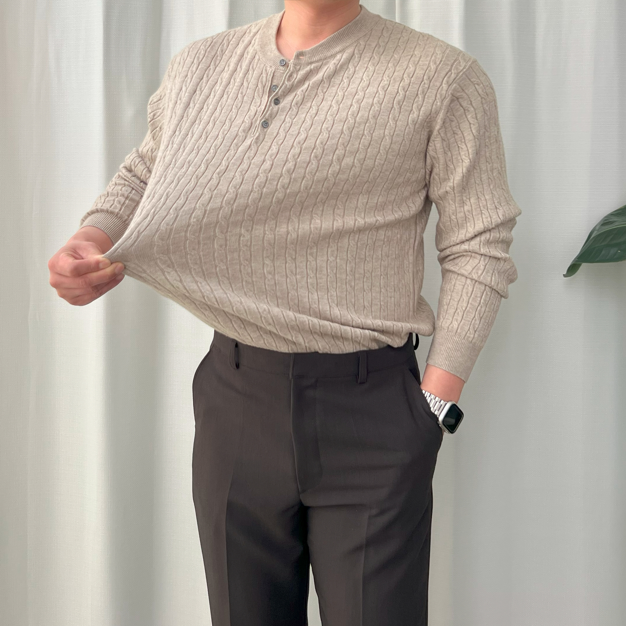 반타 남자 봄 가을 간절기 꽈배기 머슬핏 라운드 헨리넥긴팔니트 - 상품 이미지