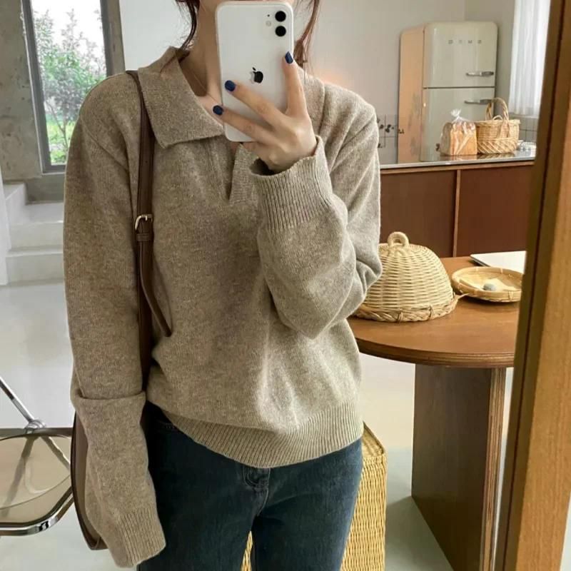 여친룩 루즈핏 스웨터 통근 직선형 보온 발열 긴팔 브이넥 여성용 니트 풀오버 니트웨어 연베이지 - 상세 이미지 3