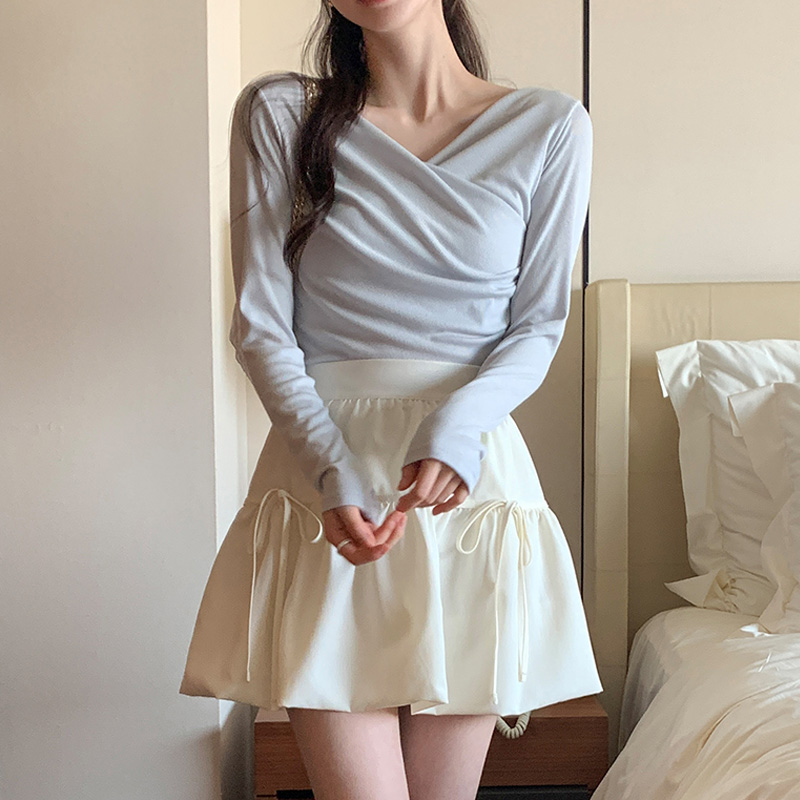 블릿 브이넥 랩 핀턱 셔링 긴팔 티셔츠 ts4346 - 상세 이미지 4