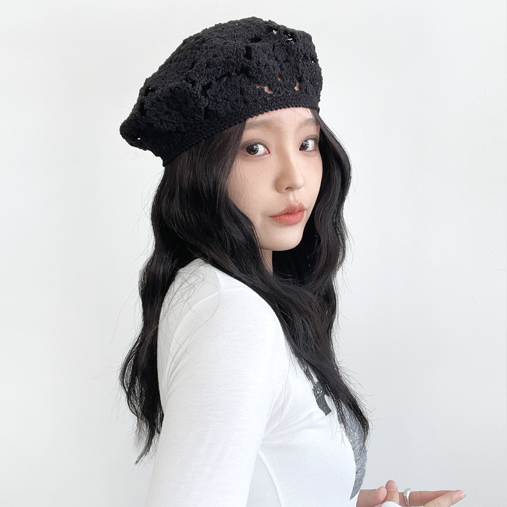 힌 플라워 봄 여름 크로셰 면 니트 여성 베레모 - 메인 이미지