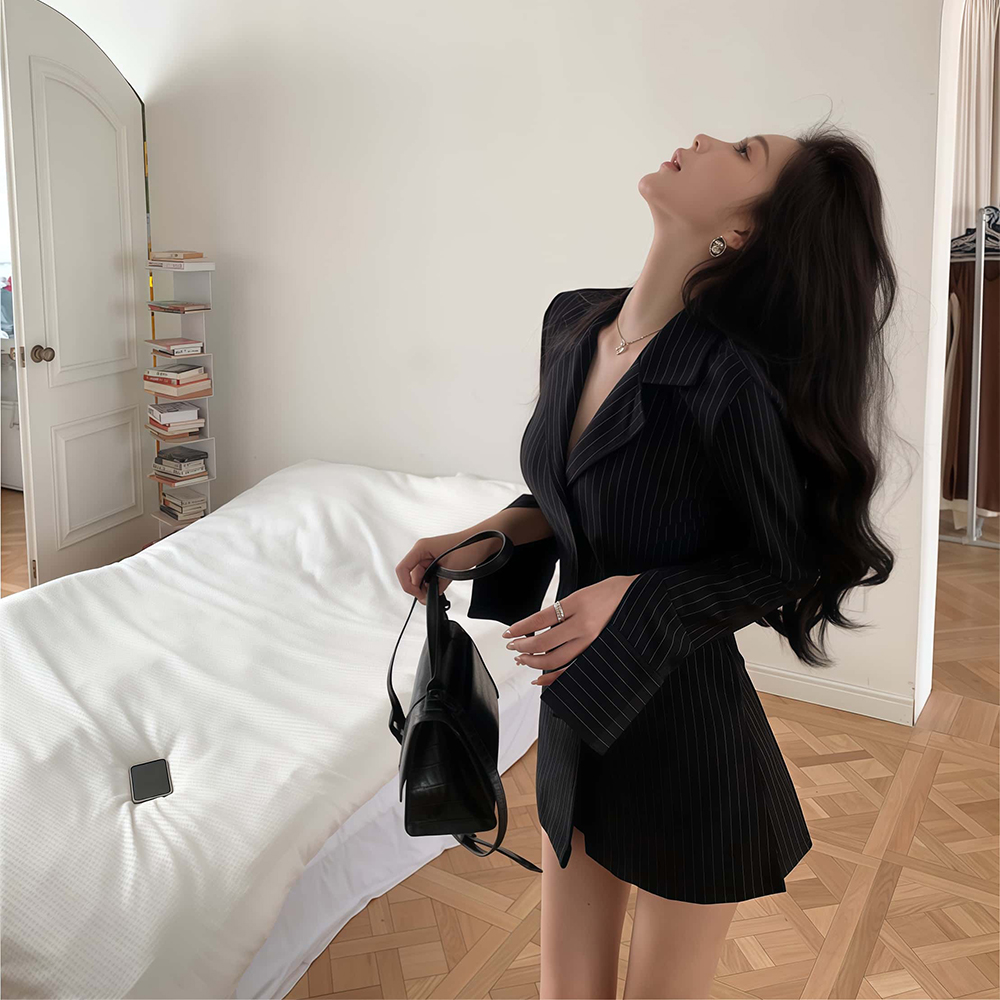 블랙 긴팔 여성블라우스 봄가을 슬림핏 롱 스트라이프셔츠 - 상세 이미지 3