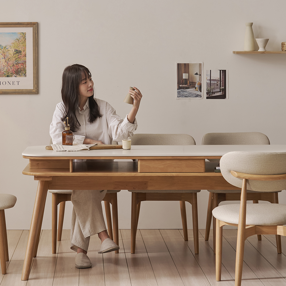 오슬로 6인용 저소음 테이블 포세린 세라믹 수납형 식탁세트 식탁+의자4, 1800mm, 쿠키