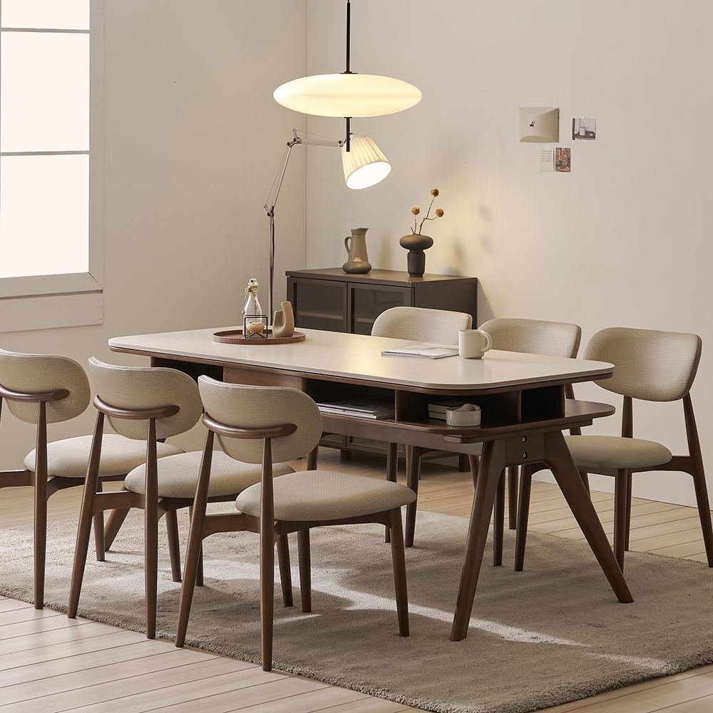 오슬로 6인용 저소음 테이블 포세린 세라믹 수납형 식탁세트 식탁+의자6, 1800mm, 월넛