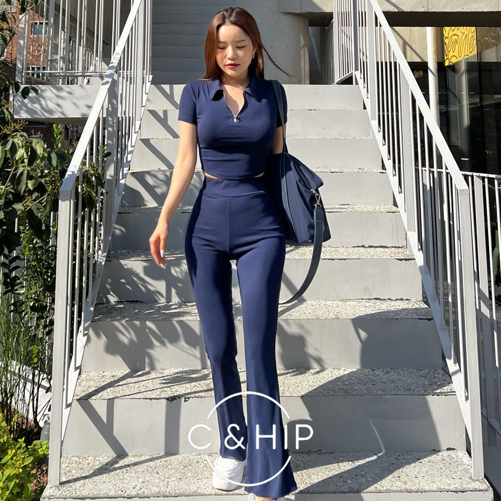 카라 지퍼 크롭티 부츠컷팬츠 트레이닝 투피스 세트 3color - 상품 이미지