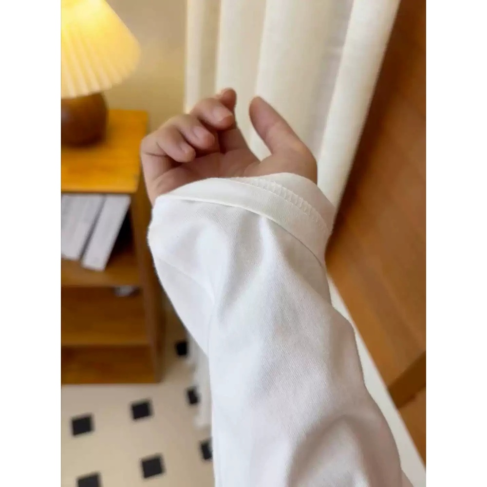 여성 빅사이즈 순면 리본프린트 라운드넥 긴팔 티셔츠 화이트 S - 상세 이미지 5