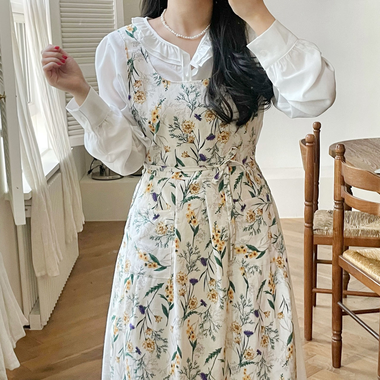 아미앙스 원피스 린넨 앞치마 카페 예쁜 주름 어린이집 플로리스트 에이프런 체크