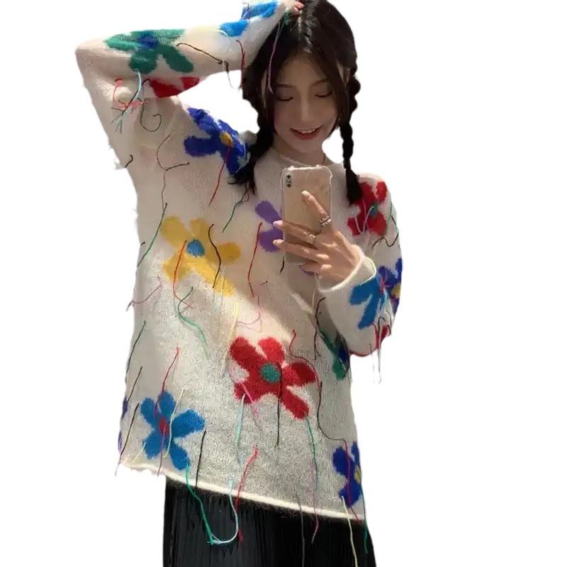 라운드넥 꽃그림 얇은니트 봄 가을 유니크 명품느낌 디자인 힙한 감성 무드 화려한 스타일 - 상세 이미지 5