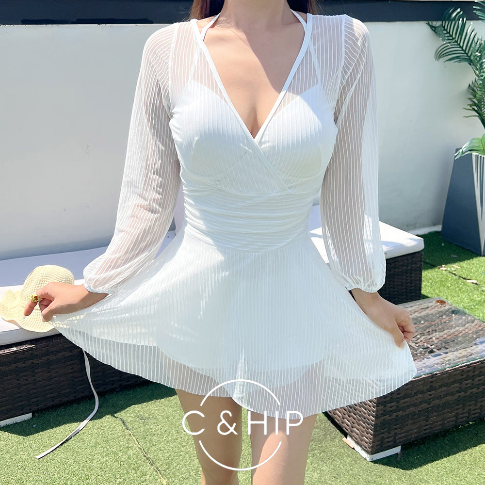 이트 브이넥 홀터 시스루 망사 커버업 비치룩 원피스 수영복 - 메인 이미지