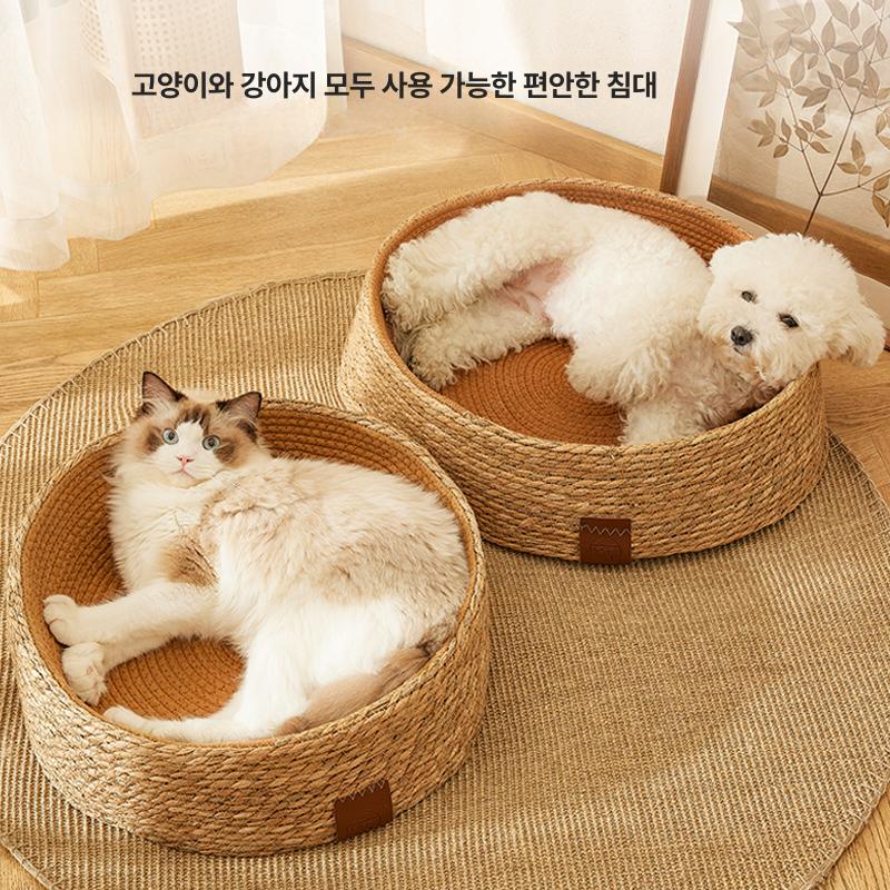원형 고양이 스크래쳐 고양이집 숨숨집 고양이방석 침대 강아지 라탄 둥지 브라운 대형 - 상세 이미지 3