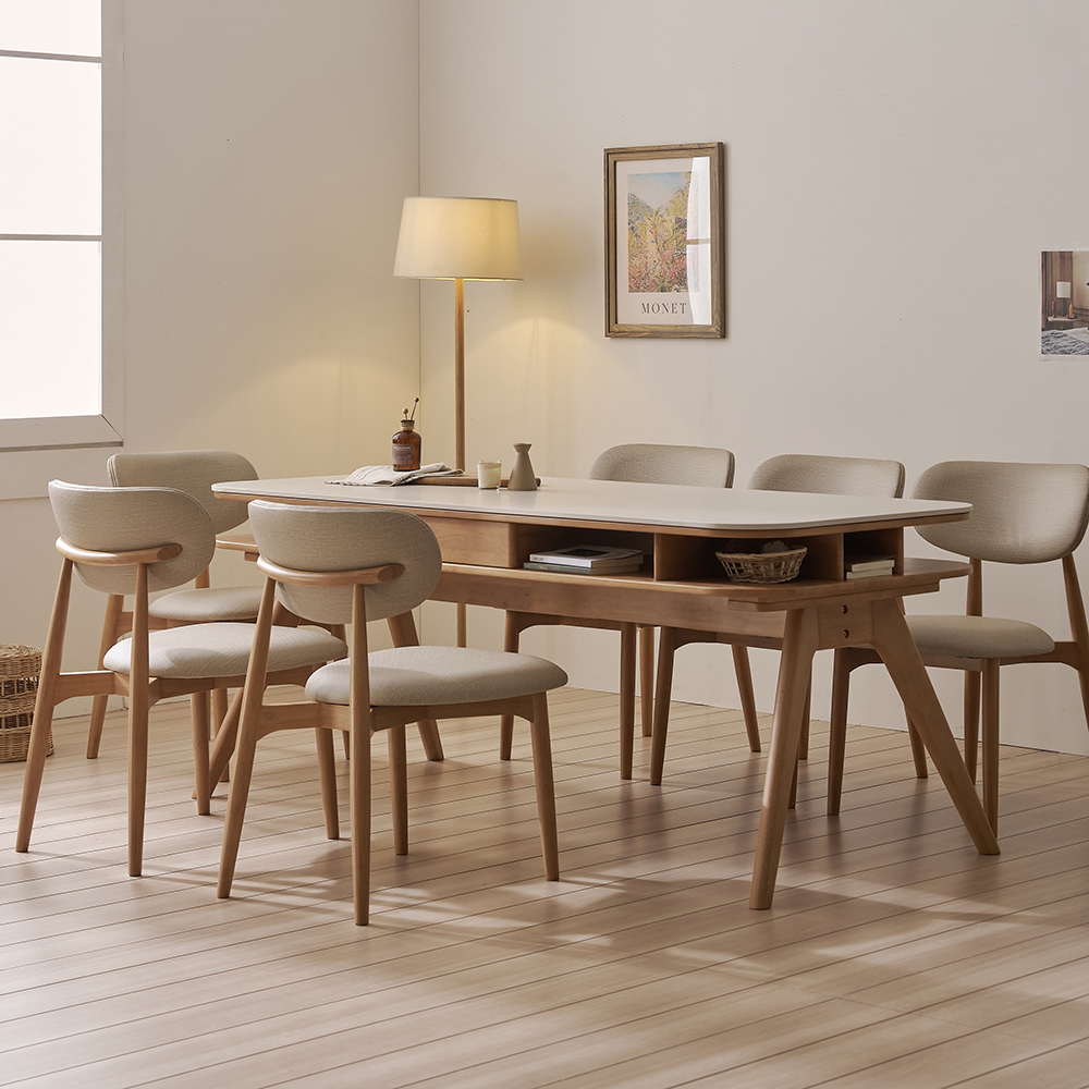 오슬로 6인용 저소음 테이블 포세린 세라믹 수납형 식탁세트 식탁+의자6, 1800mm, 쿠키