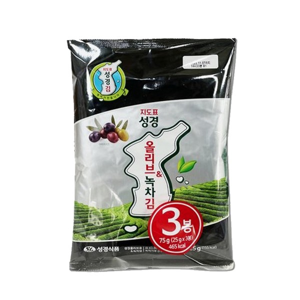 [베스트식품]지도표 성경김 올리브 녹차 전장김 3번들 (25g x 3봉) 12개 한박스 : 보리보리mall