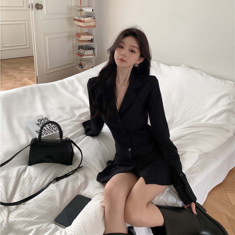 블랙 긴팔 여성블라우스 봄가을 슬림핏 롱 스트라이프셔츠 이미지 6