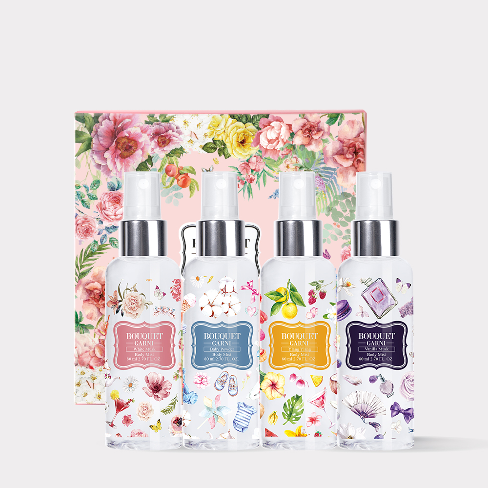 [1개] 부케가르니 바디미스트 선물세트 80ml 4종(베이비파우더+바닐라머스크+화이트머스크+일랑일랑)