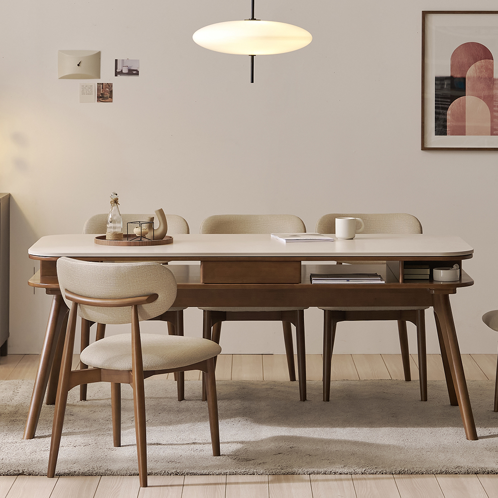오슬로 6인용 저소음 테이블 포세린 세라믹 수납형 식탁세트 식탁+의자4, 1800mm, 월넛