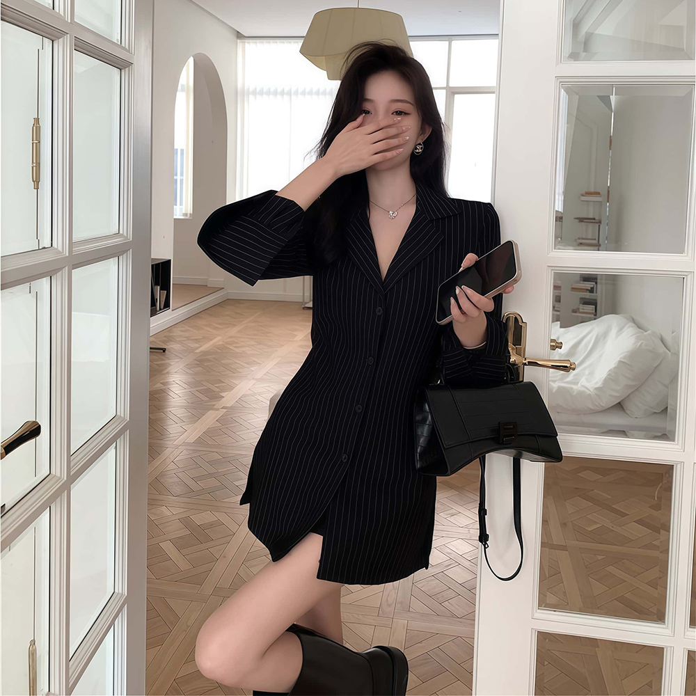 블랙 긴팔 여성블라우스 봄가을 슬림핏 롱 스트라이프셔츠 - 상세 이미지 4