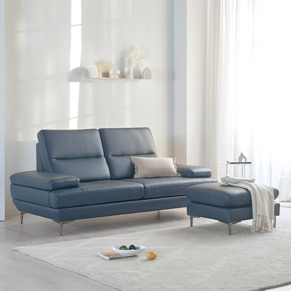 스칸디아 버밍엄 천연 통가죽 소파 스툴포함, 네이비, 3인용