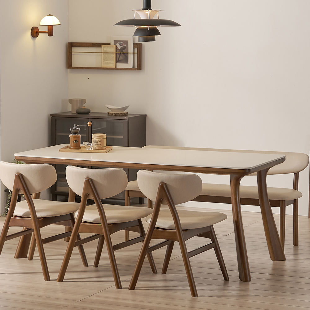 앤틀러스 6인용 원목 포세린 세라믹 식탁세트 식탁+의자3+벤치1, 2000mm, 월넛