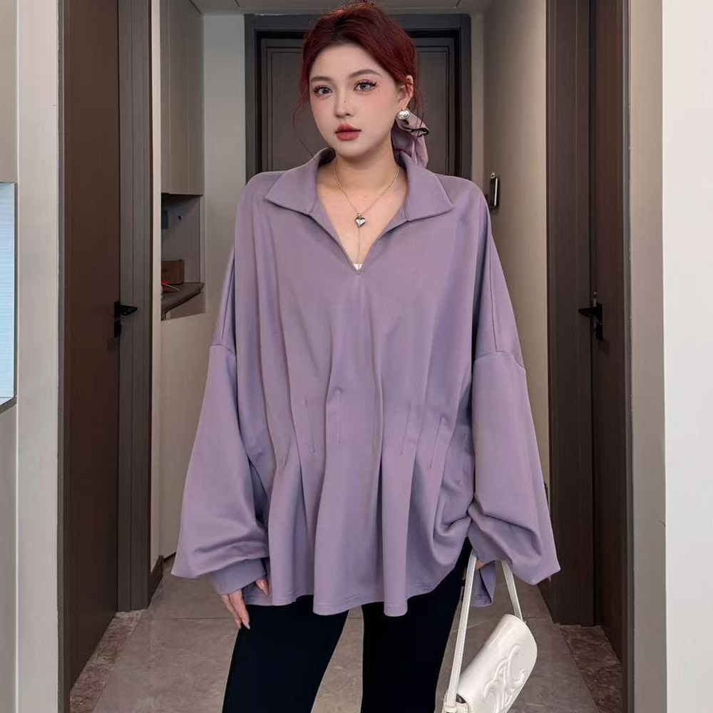 여성 빅사이즈 플리츠 블라우스 체형커버 플레어 카라넥 셔츠 E-13 - 상세 이미지 2