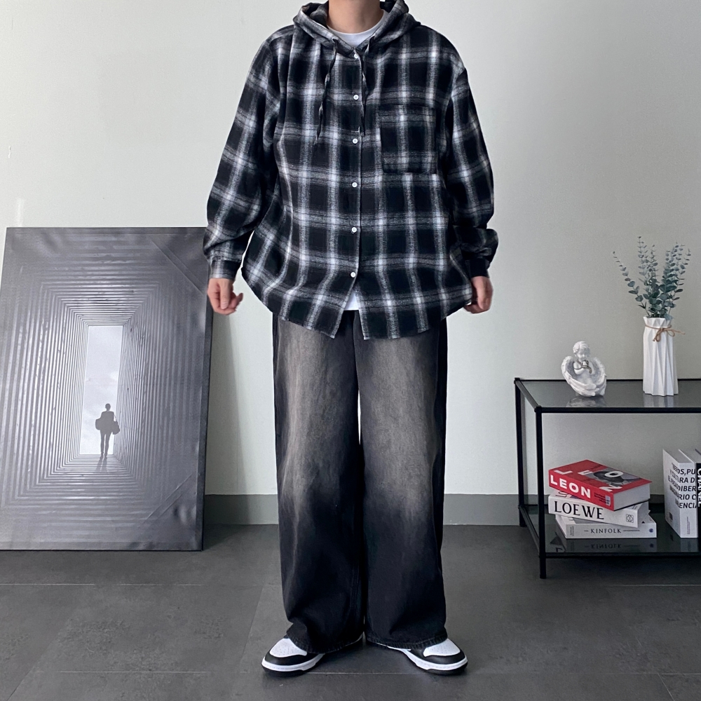 체크후드셔츠 남자오버핏남방 플란넬셔츠 - 상세 이미지 2