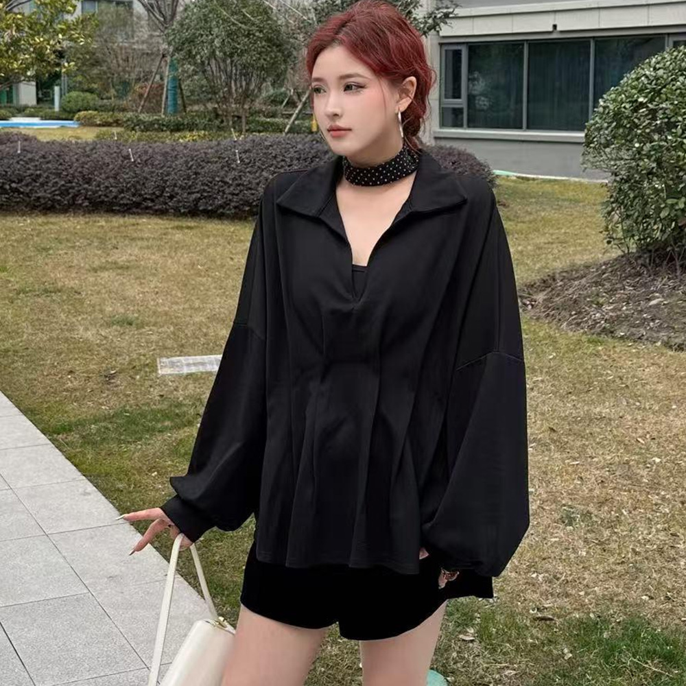여성 빅사이즈 플리츠 블라우스 체형커버 플레어 카라넥 셔츠 E-13 - 상세 이미지 3