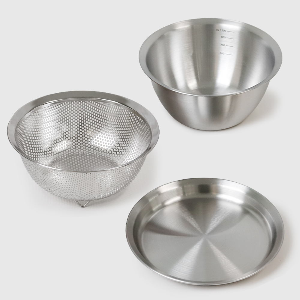 3in1 스텐 304 믹싱볼 3종세트 1100ml / 믹싱볼+채반+트레이 - 상세 이미지 2