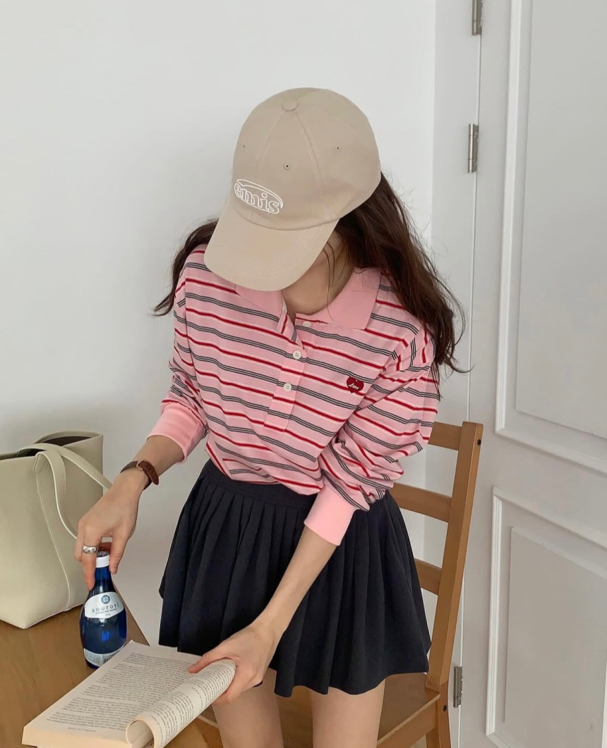 하트 단가라 카라 티셔츠 럭비 스프라이프 맨투맨 - 상세 이미지 4