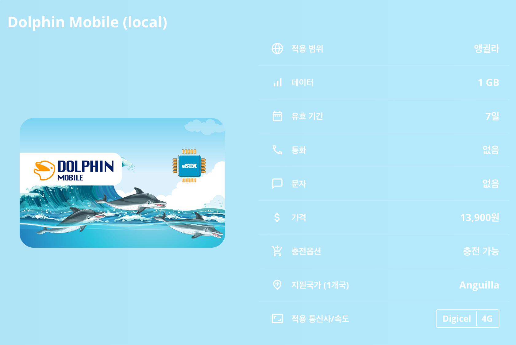 앵귈라 로컬망 이심 eSIM Digicel LTE 이심통 - 상세 이미지 5