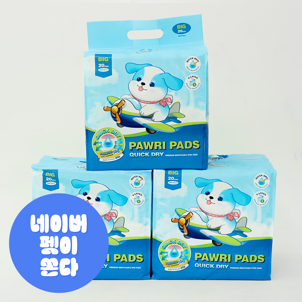 포우리 퀵드라이 고흡수 배변패드 큰패드 논슬립 두꺼운 대형, 20매입, 3개